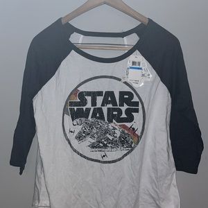 Star Wars Lucas Film Ltd Baseball Sleeve Open Back Shirt With Metallic Tattoos